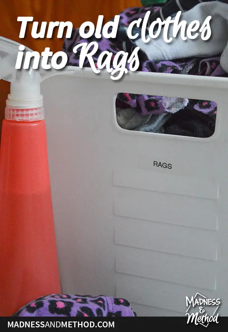 rag bin and pink spray bottle turn old clothes into rags text overlay