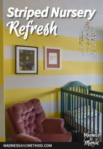 striped nursery refresh text overlay with crib and rocker