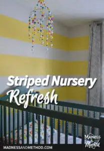 striped nursery refresh with green crib and yellow walls