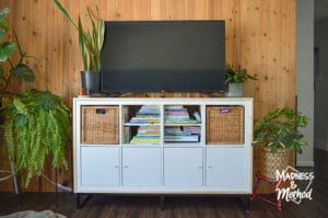 white ikea kallax with wood wraparound