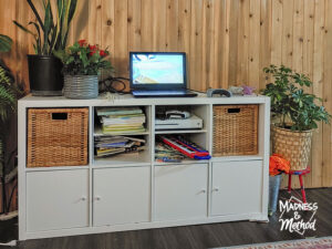 white ikea kallax with laptop