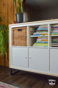 close-up of book storage in ikea kallax