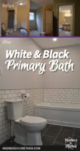 white and black primary bath text overlay with toilet and tub