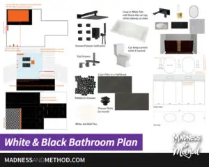 white and black primary bath design plans