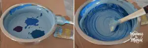 adding blue paint to metal bowl