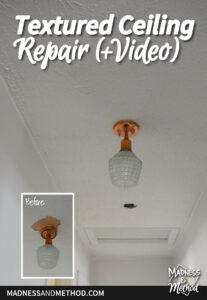 textured ceiling repair text overlay with before after image