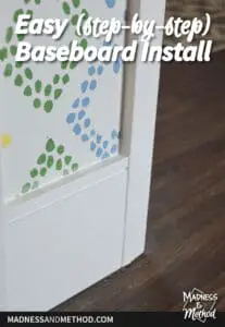 step-by-step baseboard install text overlay with white baseboard and door casing