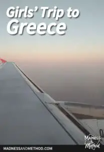 girls trip to greece text overlay with sky and plane
