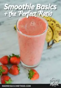 smoothie basics text overlay with smoothie and fruit