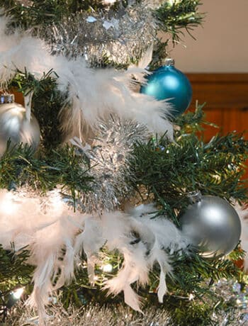 white boa with silver and blue ornaments