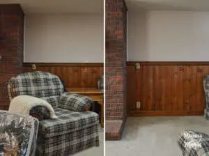 panelled basement walls with plaid chair