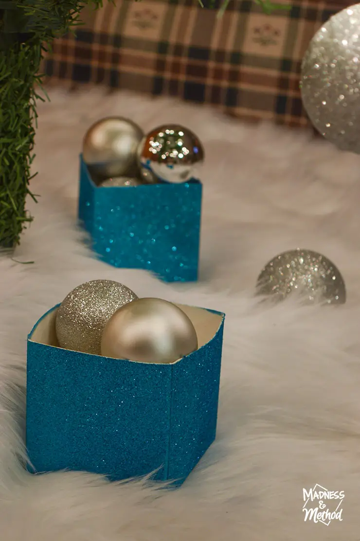 blue sparkly boxes with silver ornaments