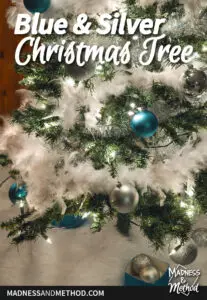 blue and silver christmas tree text overlay with closeup