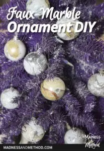 faux-marble ornament diy text overlay with purple tree