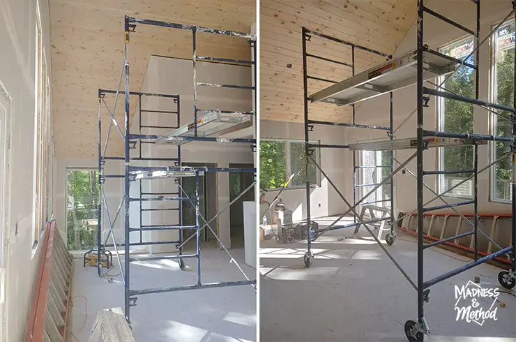 pine planked vaulted ceiling with scaffolds