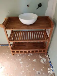 bathroom vanity teak shelves