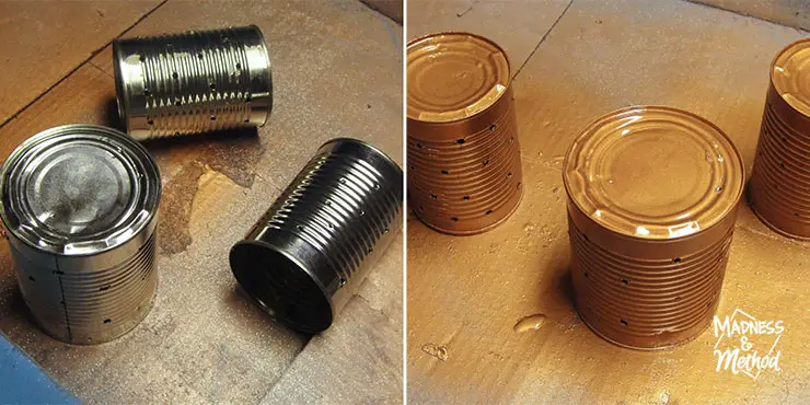 spray painting tin can lanterns