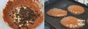 chocolate pancake batter with chips and cooking pancakes