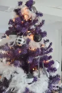 black and white ornaments on tree
