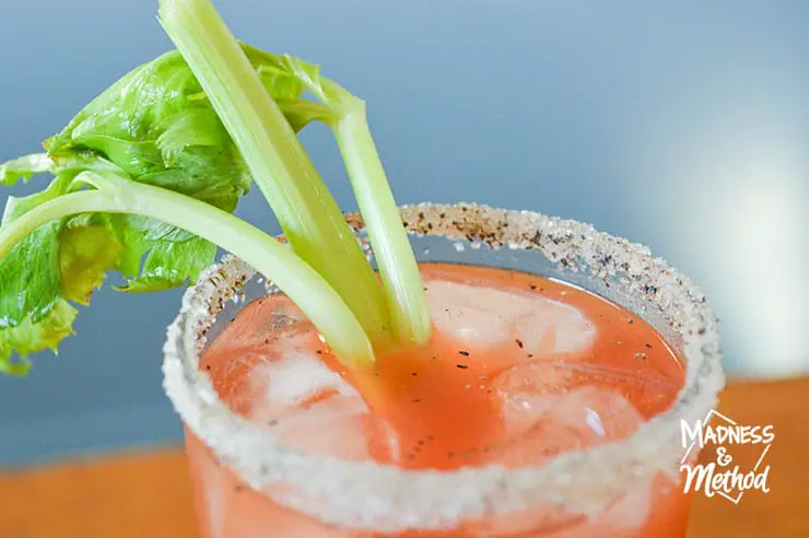 closeup of canadian caesar drink with celery