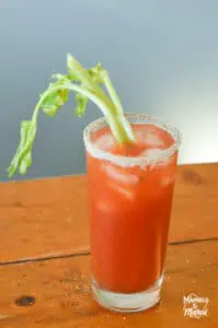 red tomato juice in clear glass with celery