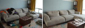 gray sofa with mess