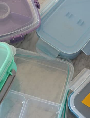 colourful plastic bento boxes on counter