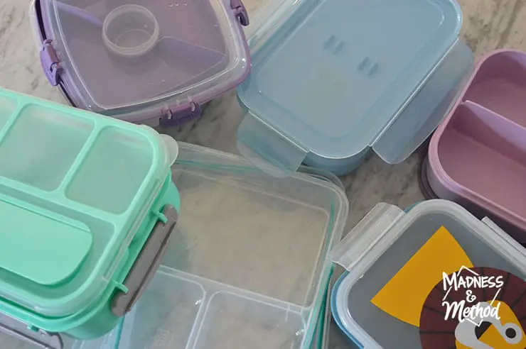 colourful plastic bento boxes on counter