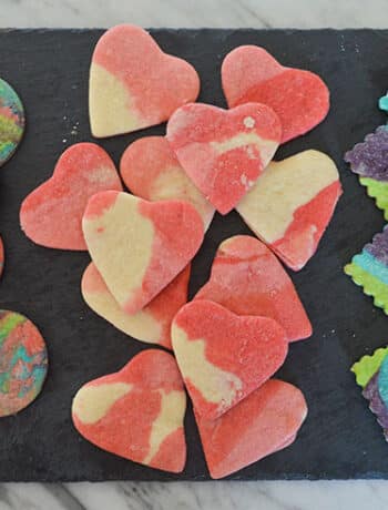 rainbow marbled cookies circles hearts and squares