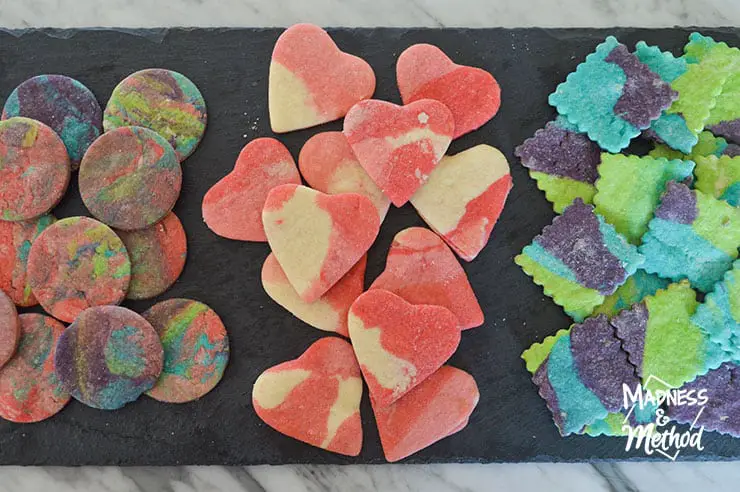 rainbow marbled cookies circles hearts and squares