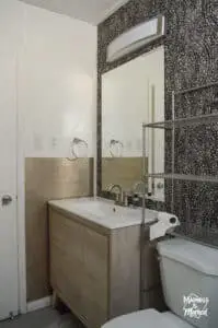bathroom vanity with peel and stick backsplash