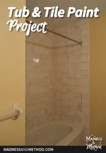 tub & tile paint project text overlay with beige tub