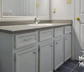 white bathroom vanity with gray counter top DIY