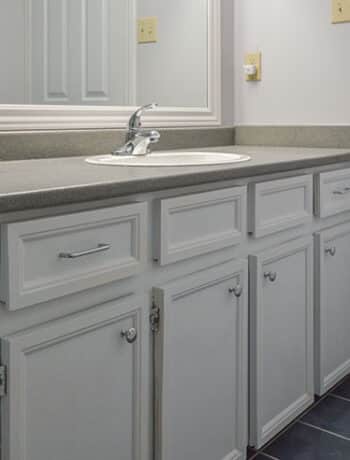 white bathroom vanity with gray counter top DIY