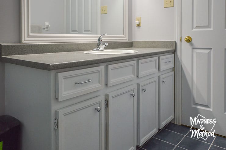 white bathroom vanity with gray counter top DIY