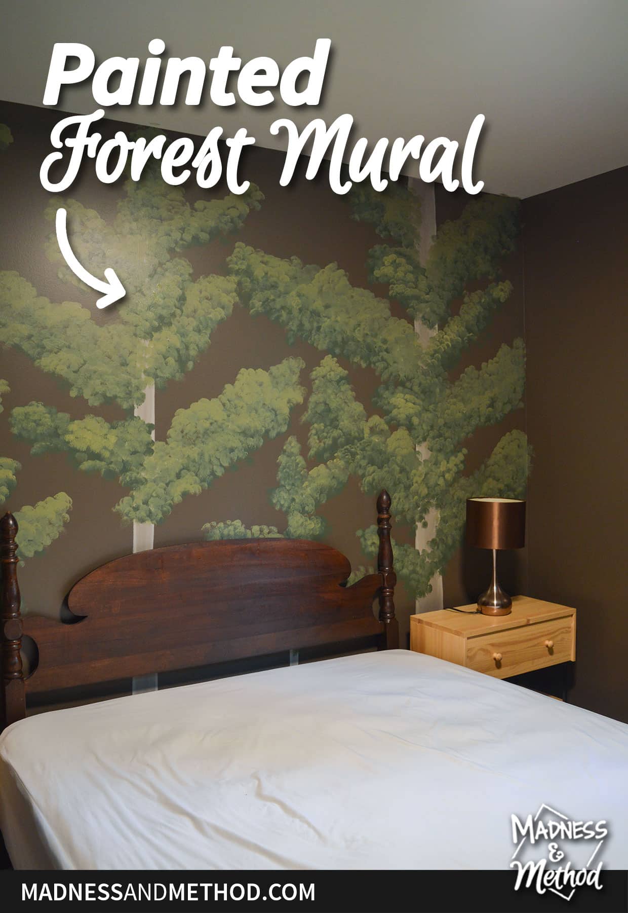 painted forest mural in bedroom