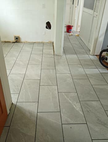 large gray tiles in kitchen