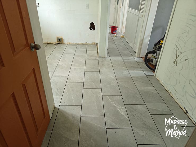 large gray tiles in kitchen