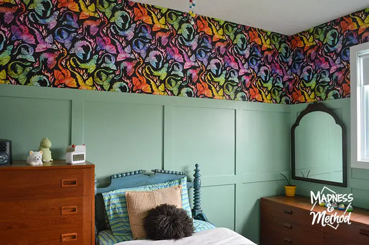 teal walls with dark wallpaper