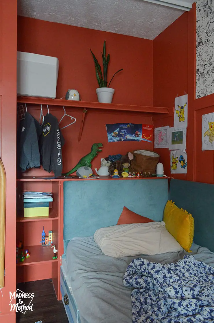 red bedroom closet nook
