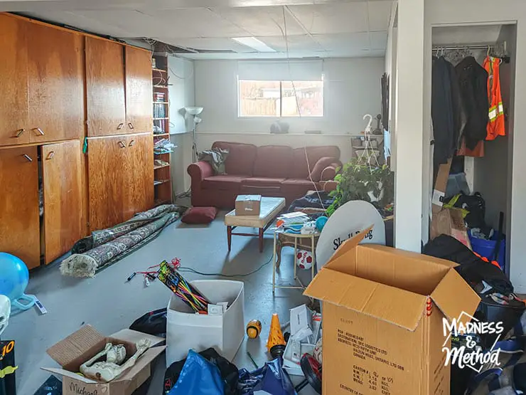 messy basement living room