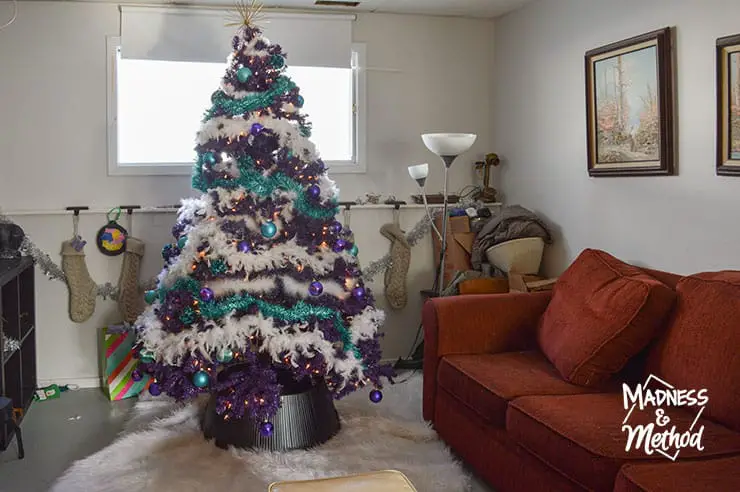 christmas tree in basement living room