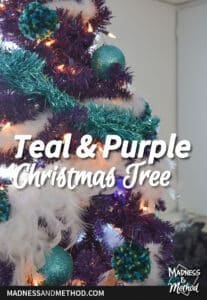 close up of teal and purple christmas tree