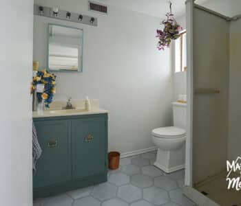 basement bathroom before painted floors teal vanity