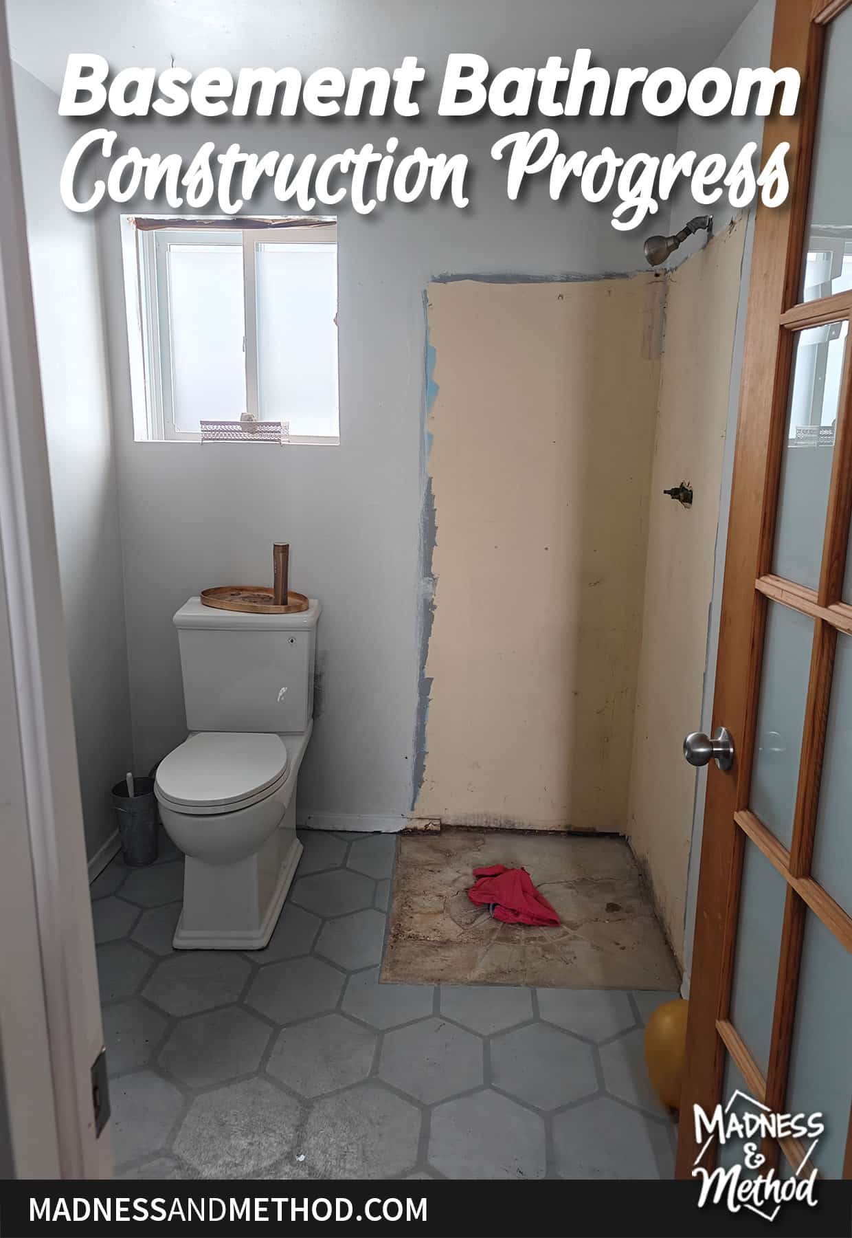 basement bathroom construction progress toilet shower