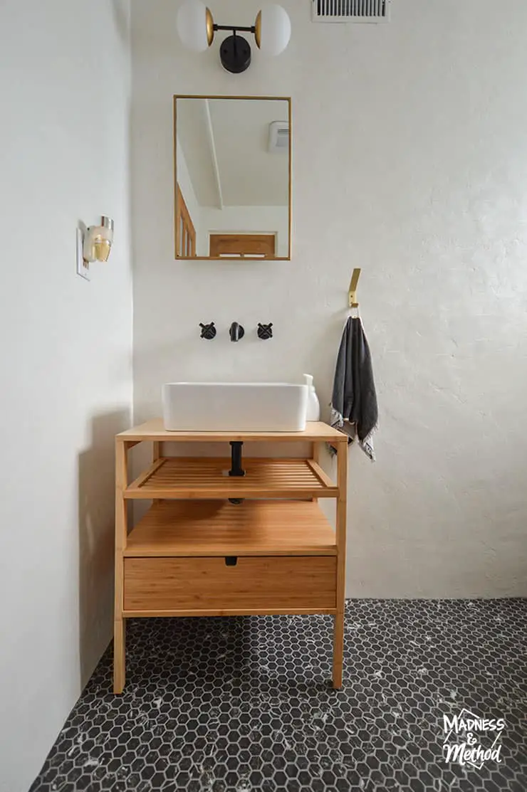open wood vanity shelf
