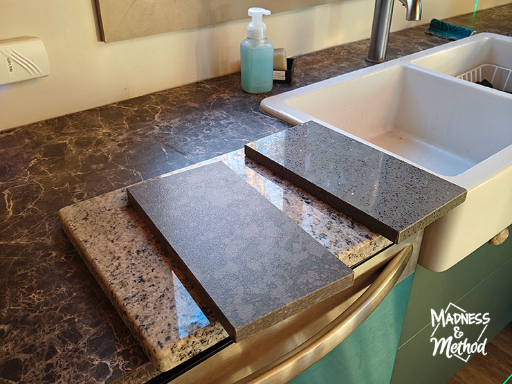 countertop with quartz samples