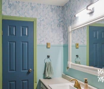 bathroom with light teal walls and dark blue door
