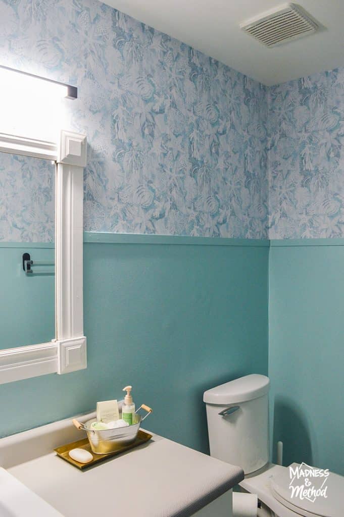 bathroom walls with teal on bottom