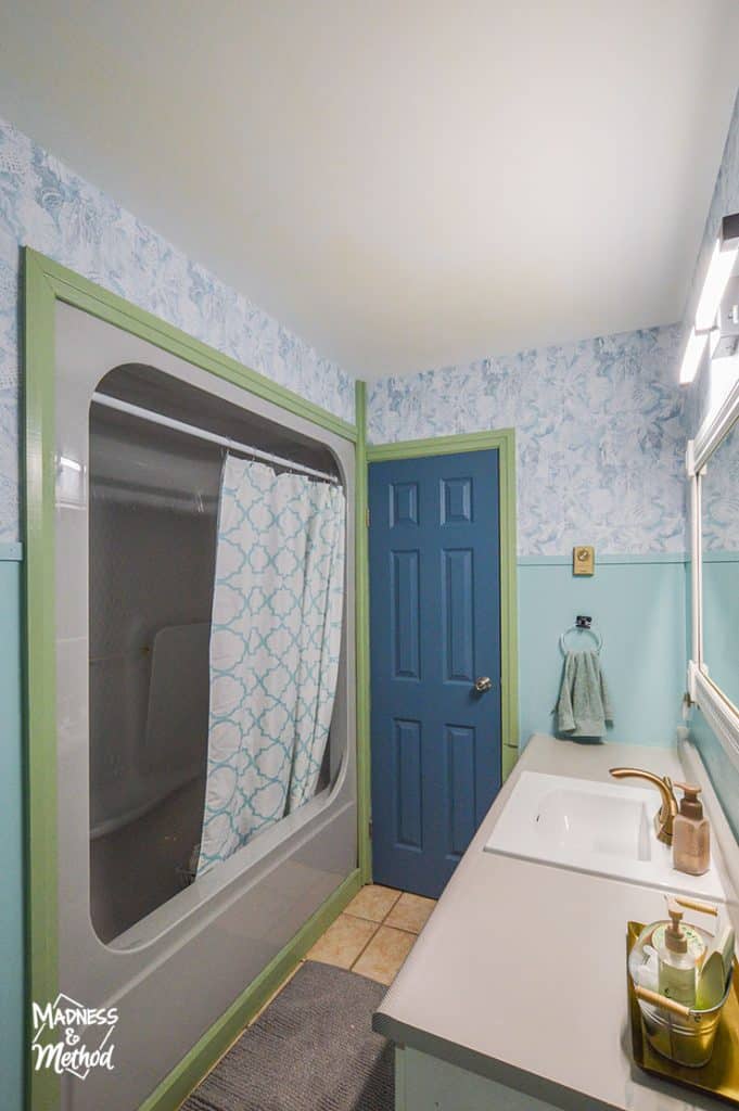 blue door in bathroom with green trim